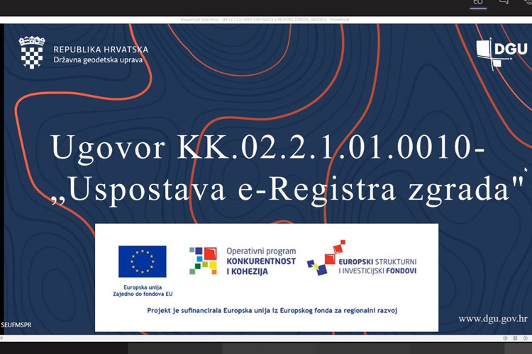 Slika Print screen naslovnice prezentacije "Uspostava e-Registra zgrada" uz logotipove Strukturnih i investicijskih fondova, Operativnog programa konkurentnost i kohezija i zastave EU.